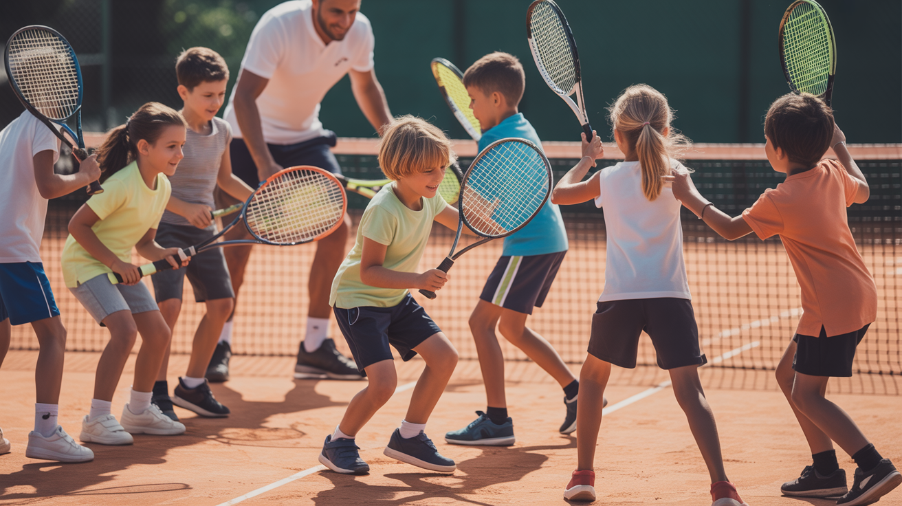 Kinder beim Gruppentraining auf dem Tennisplatz