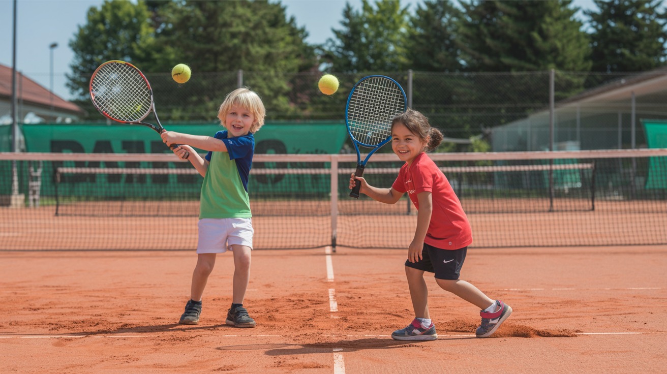 Kinder beim Tennis-Schnuppertraining auf dem Sandplatz
