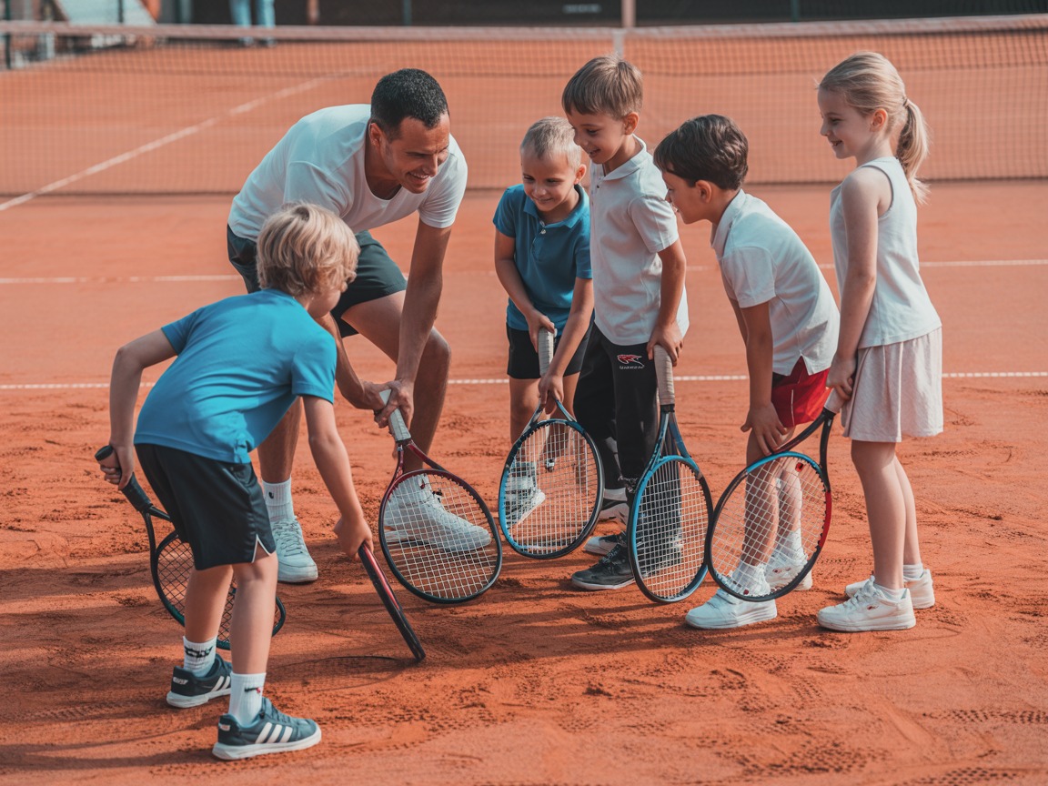 Kinder beim Tennistraining auf dem Sandplatz mit Trainer